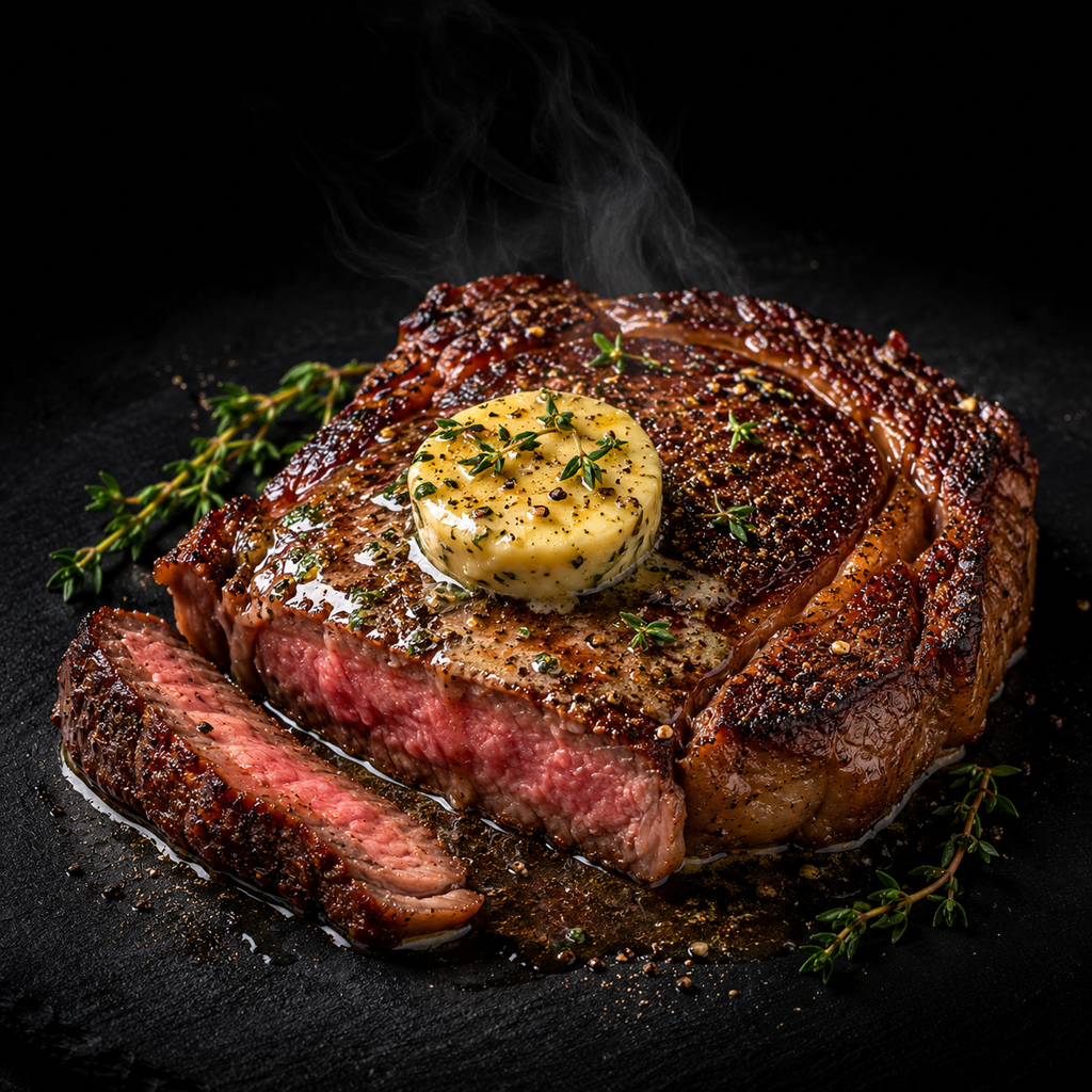 Bife keto com manteiga de alho servido em prato escuro