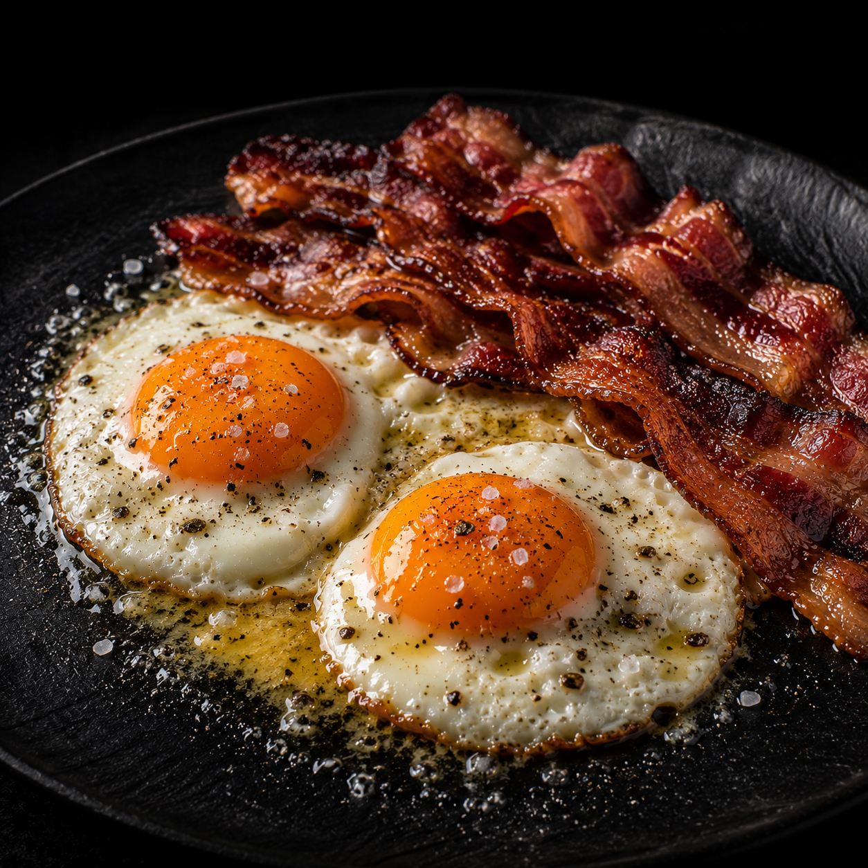 Receita keto de ovos e bacon em prato escuro