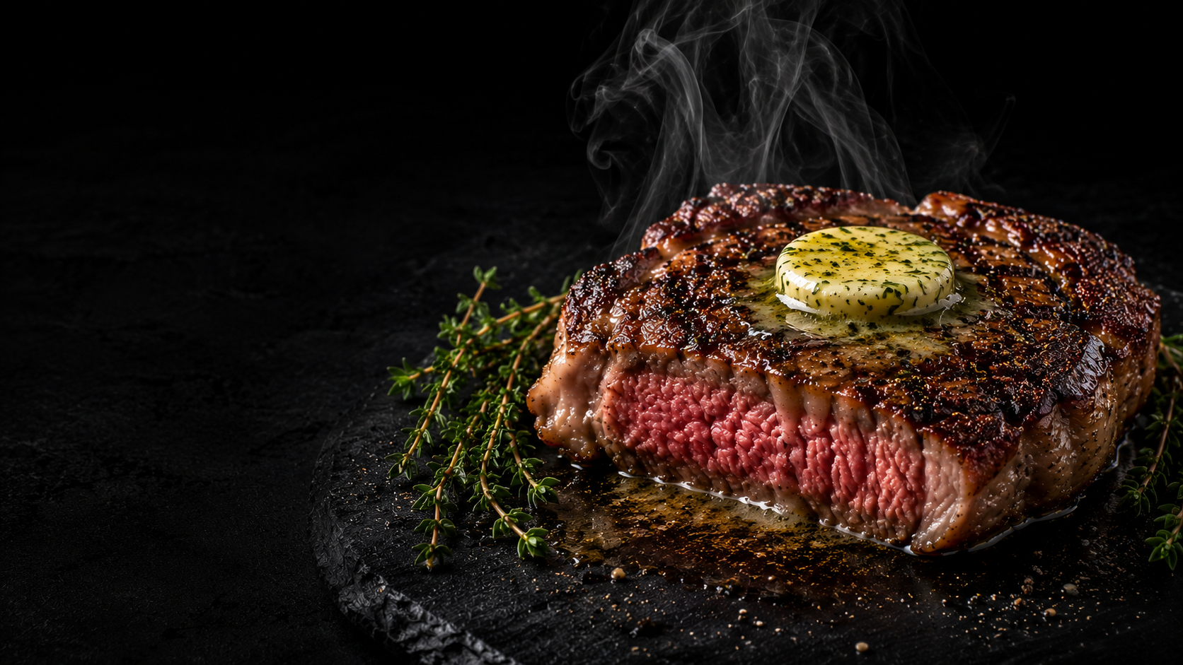 Bife keto com manteiga de alho servido em prato escuro